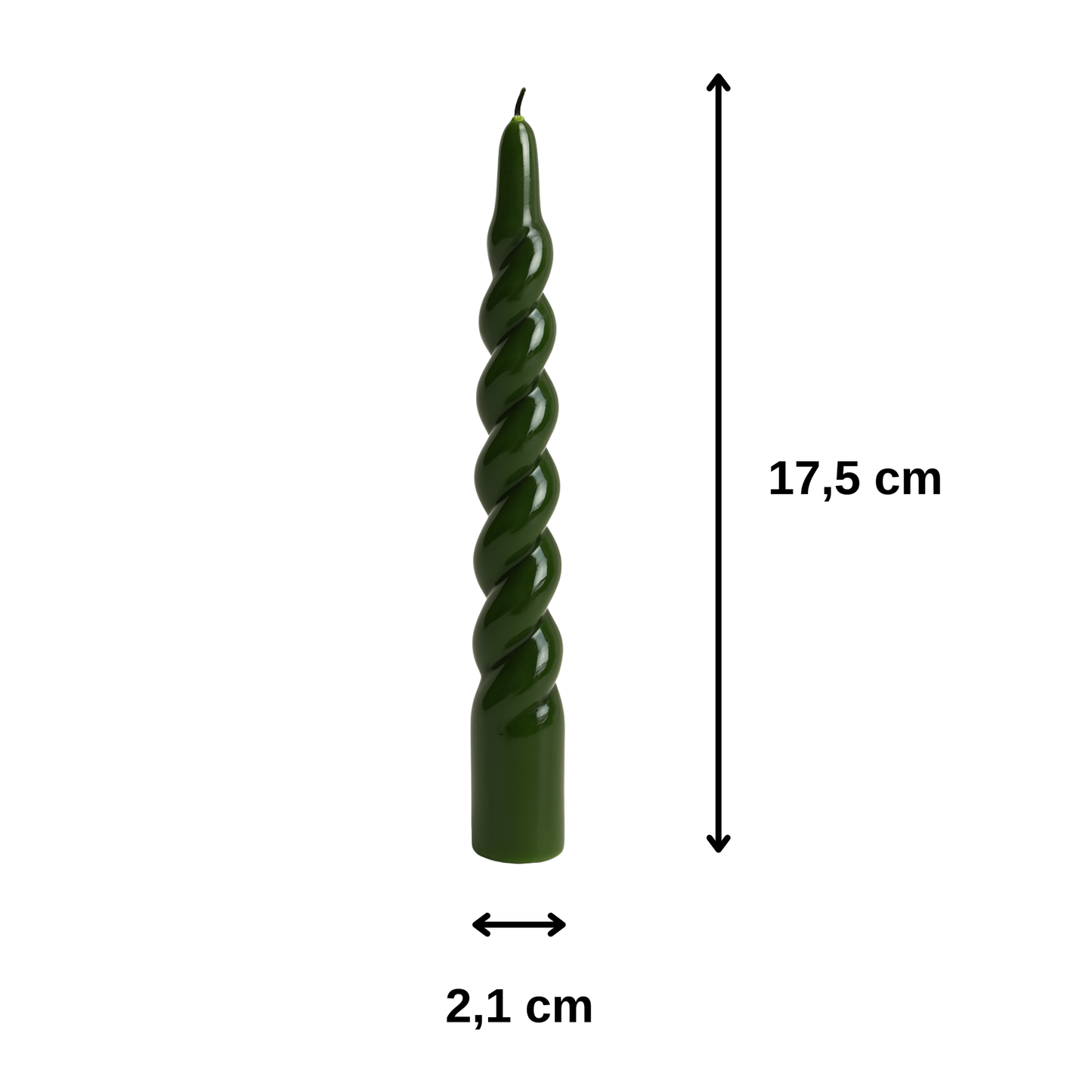İtalyan burgu spiral mum ölçüleri: 17,5 cm yükseklik, 2,1 cm çap
