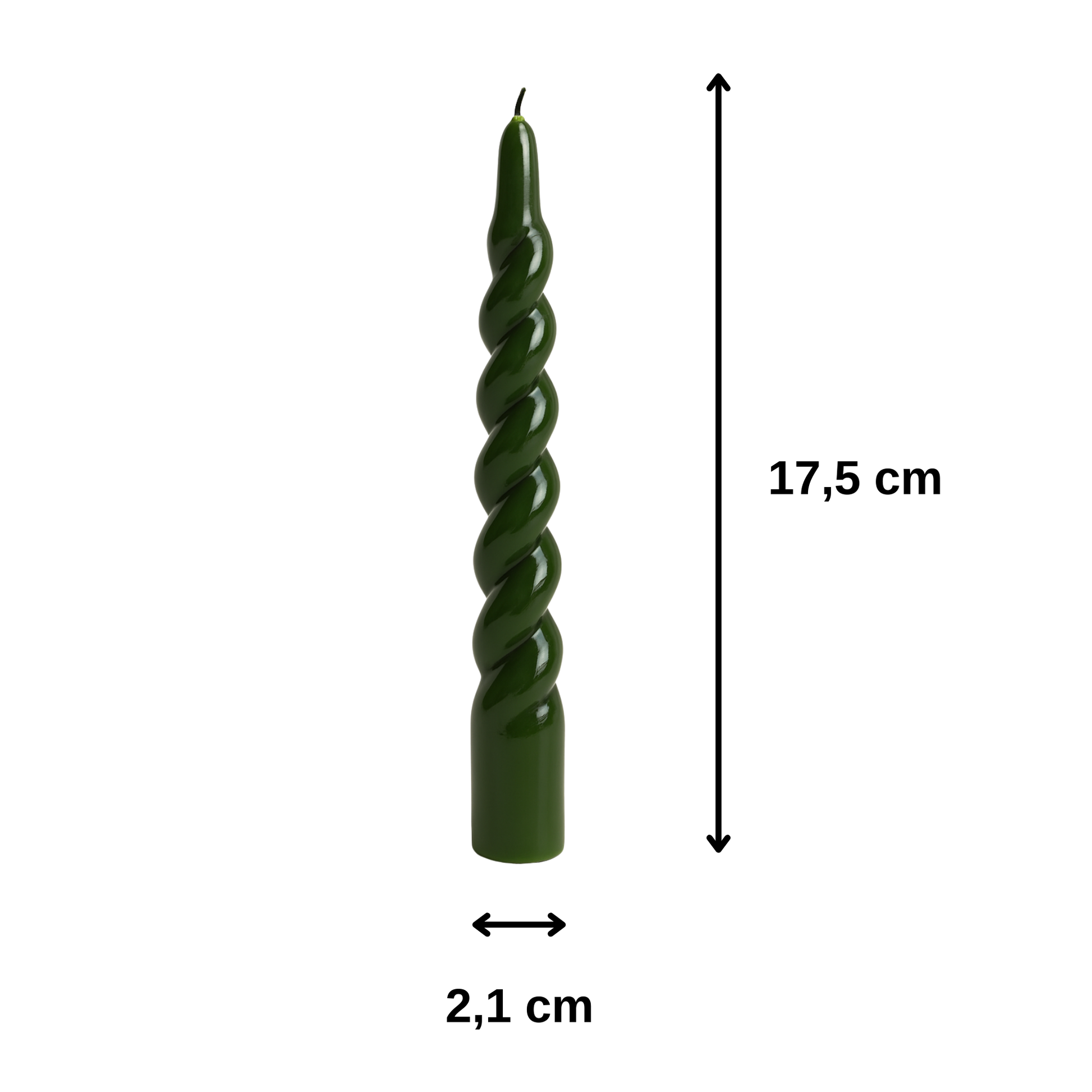 İtalyan burgu spiral mum ölçüleri: 17,5 cm yükseklik, 2,1 cm çap