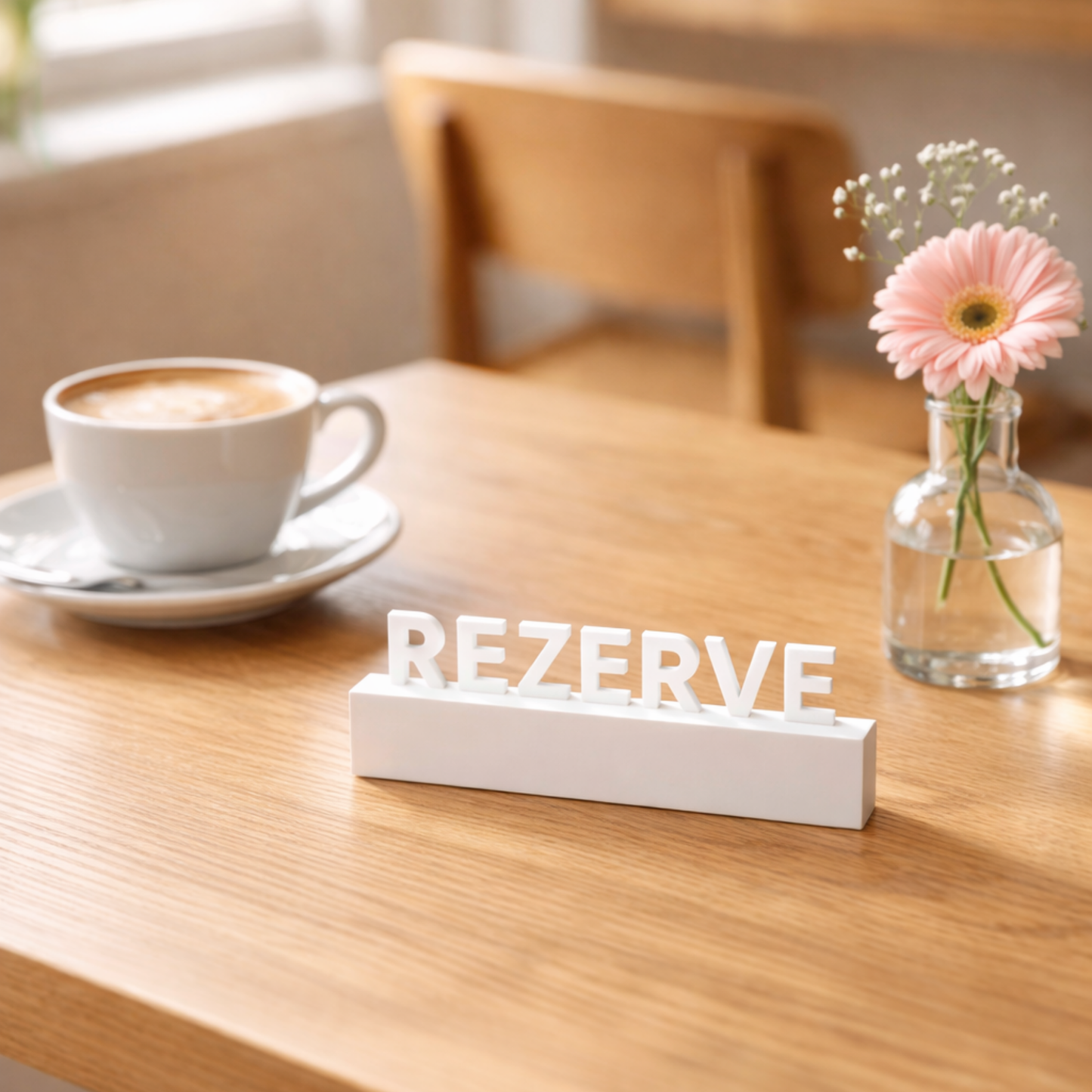 restoran masasında beyaz rezerve tabelası şık masa dekorasyonu