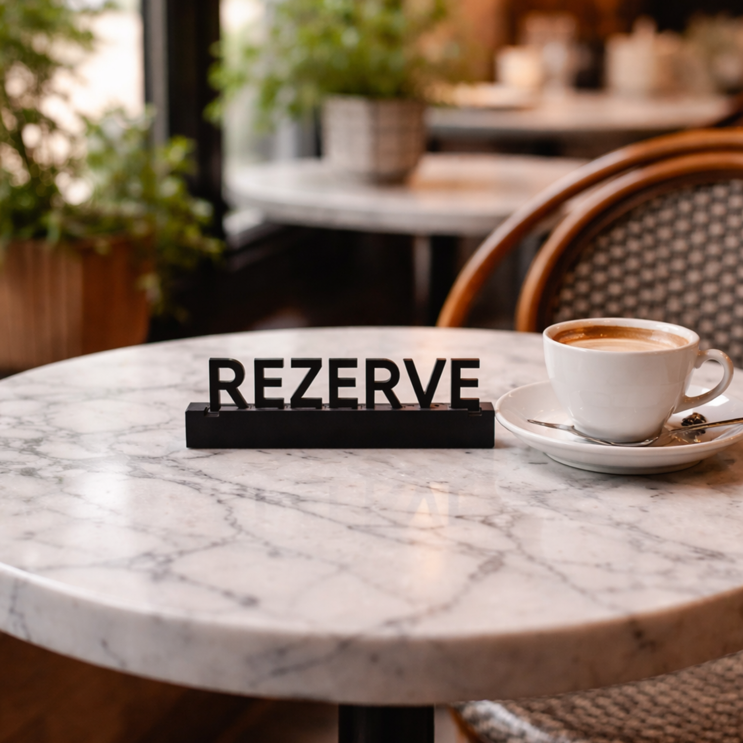 kafe mermer masasında siyah rezerve tabelası pleksi yazısı