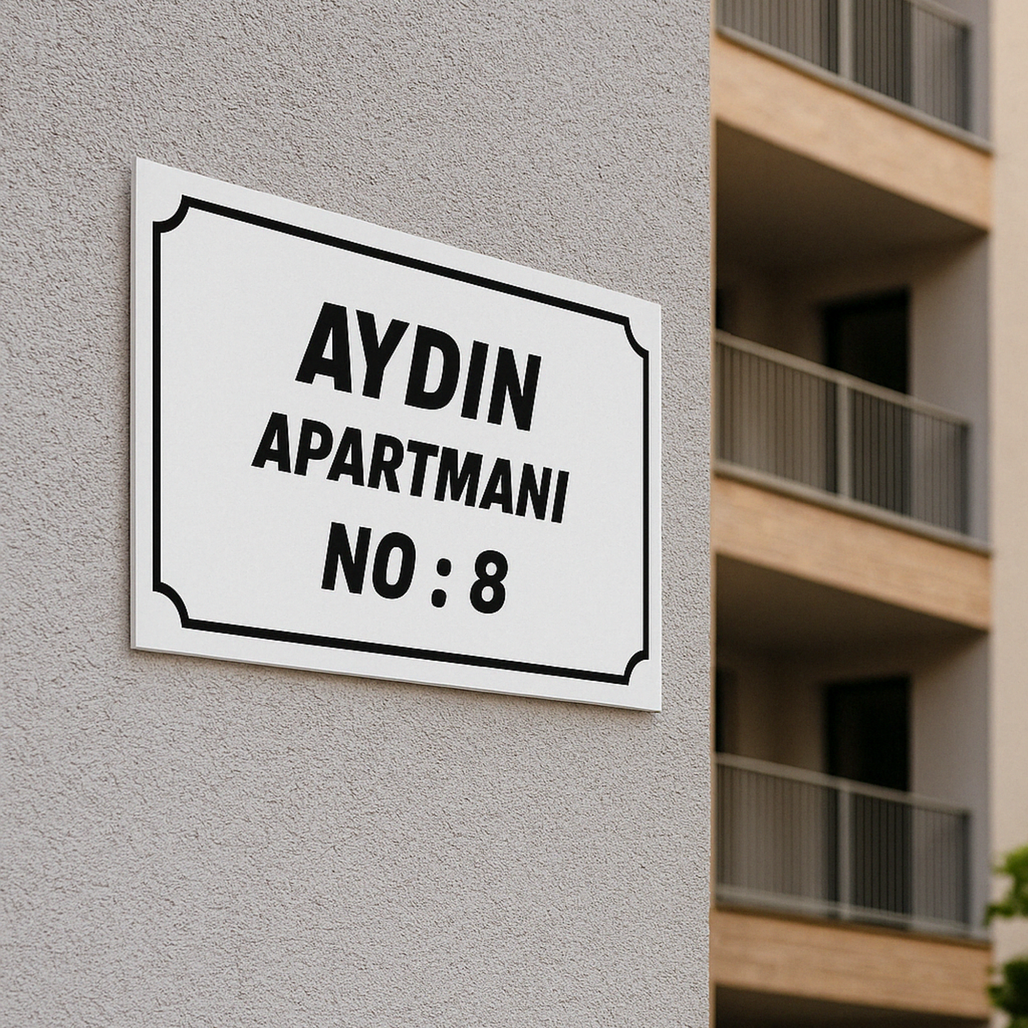 Kişiye özel apartman adı ve numara yazılı beyaz pleksi tabela, bina duvarına monte edilmiş lifestyle görseli