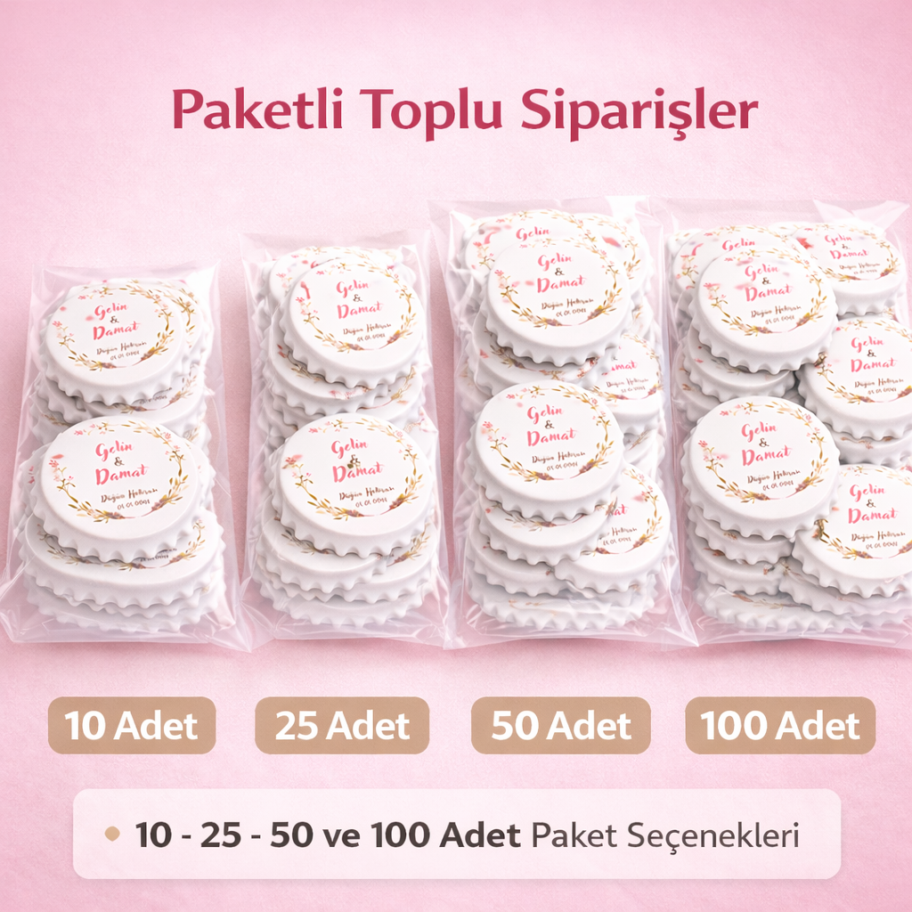 Kişiye özel açacaklı magnet paket seçenekleri, 10 adet 25 adet 50 adet ve 100 adet toplu hediyelik nişan ve düğün magnet setleri