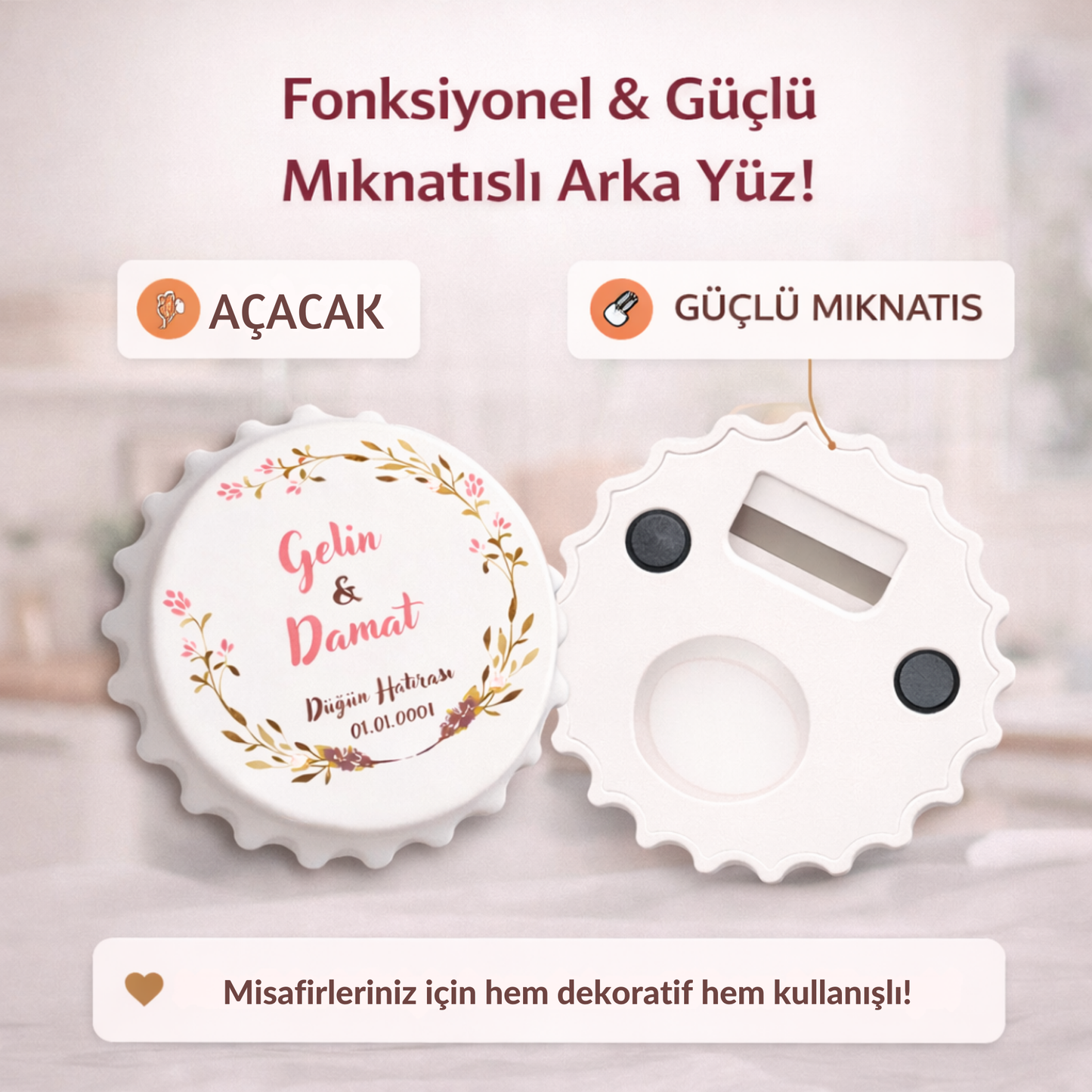 Kişiye özel açacaklı magnet arka yüzü, güçlü mıknatıslı ve metal açacaklı hediyelik nişan ve düğün magnet detayı