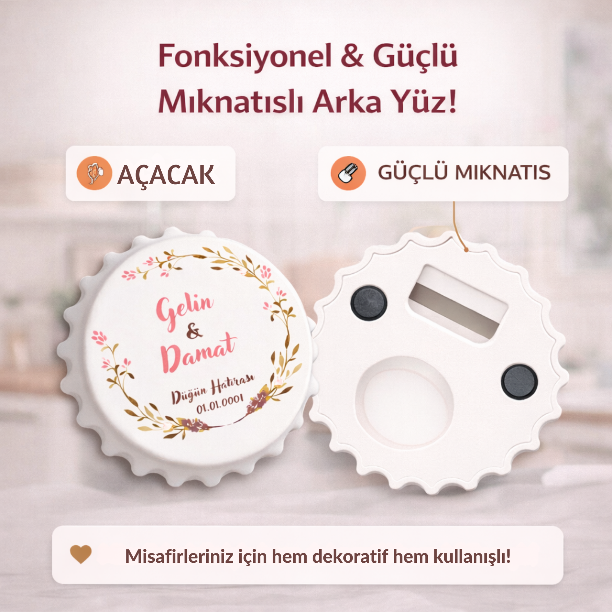 Kişiye özel açacaklı magnet arka yüzü, güçlü mıknatıslı ve metal açacaklı hediyelik nişan ve düğün magnet detayı