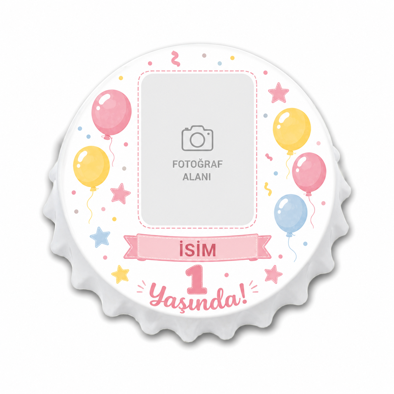 Kişiye özel açacaklı magnet tasarım şablonu, fotoğraf alanı ve isim yazısı ile doğum günü balon desenli boş magnet görseli