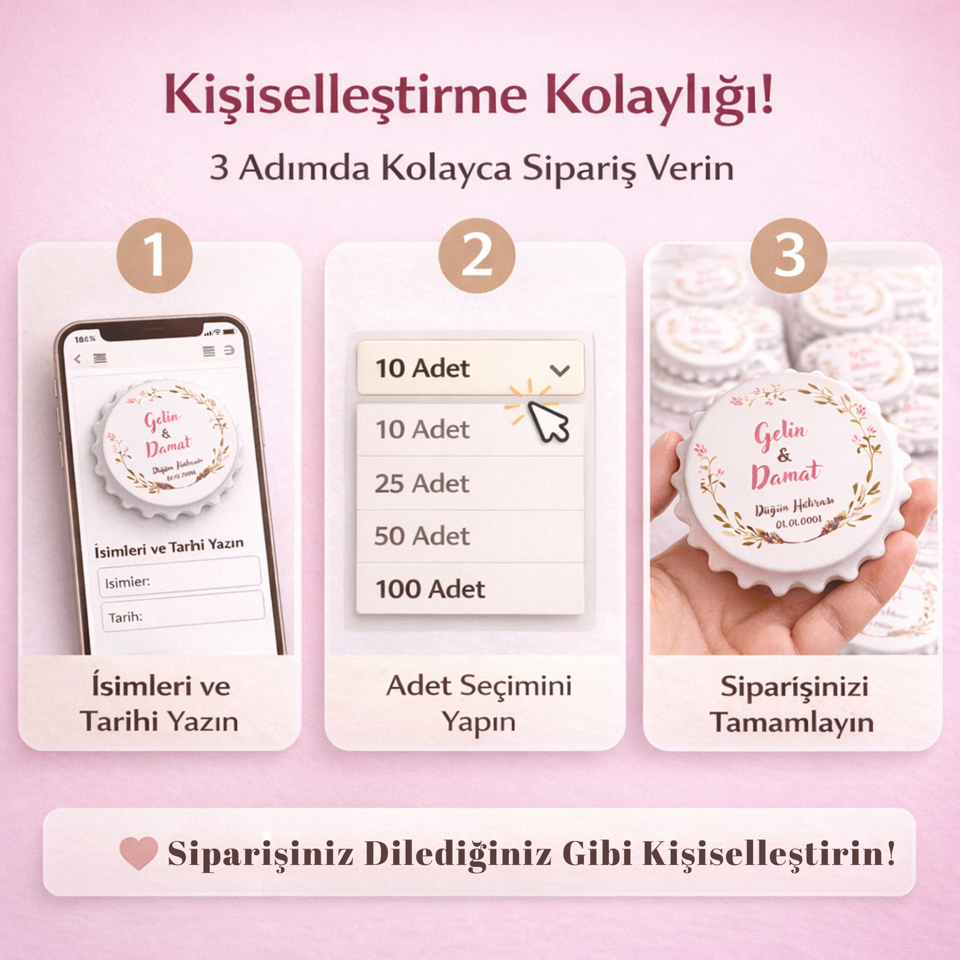 Kişiye özel açacaklı magnet sipariş adımları, isim ve tarih girme, adet seçimi ve kişiselleştirilmiş magnet sipariş süreci görseli