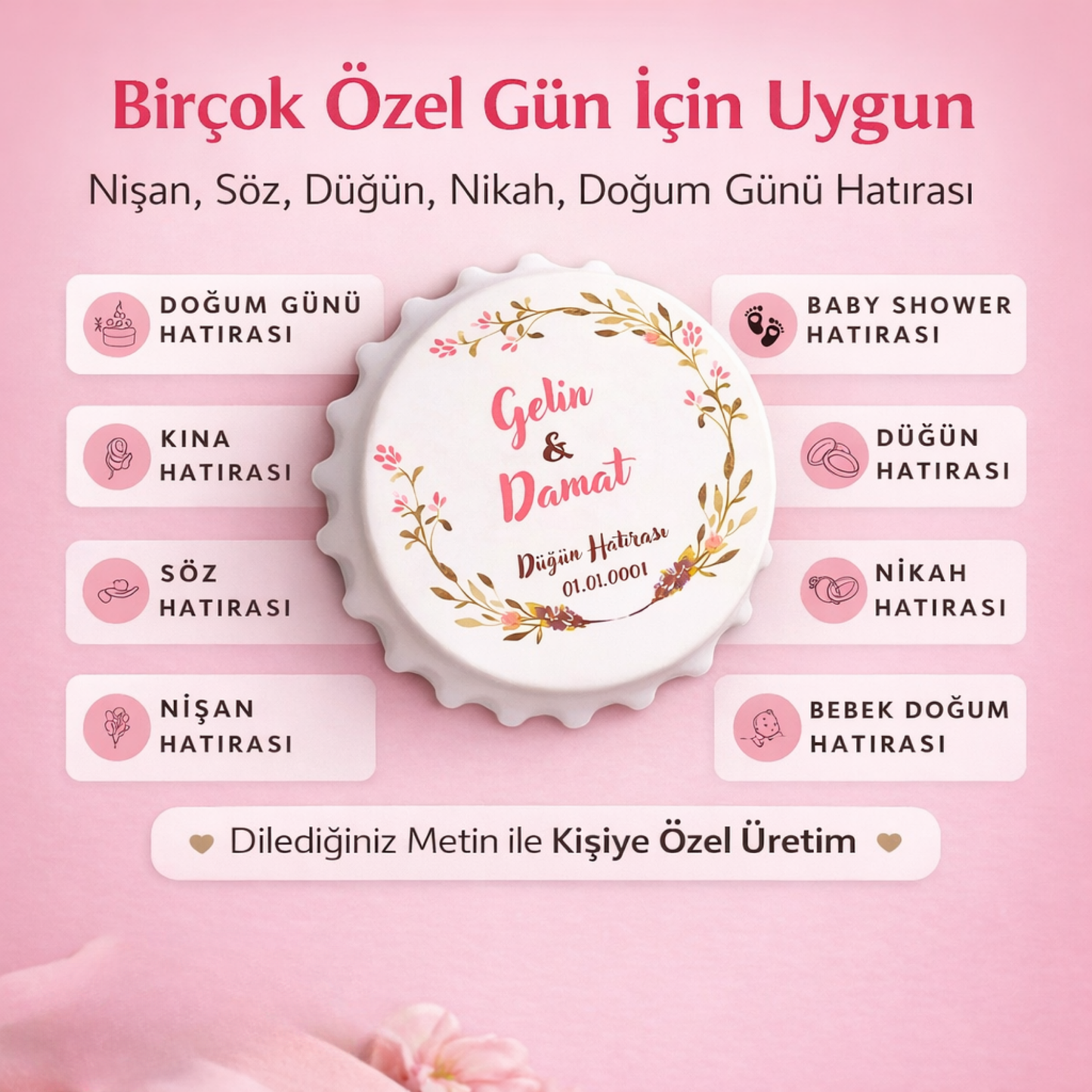 Kişiye özel açacaklı magnet, nişan söz düğün nikah doğum günü ve baby shower için hediyelik magnet kullanım alanları görseli