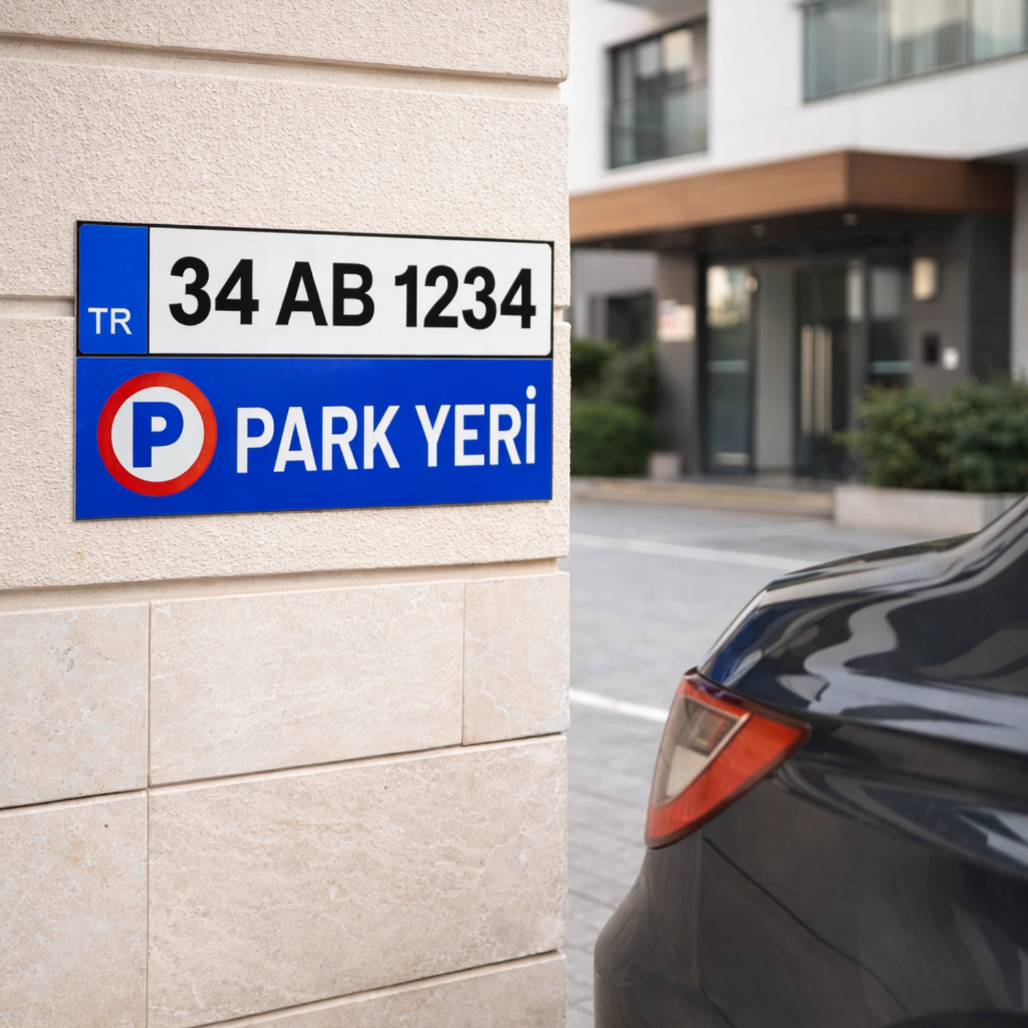 Kişiye özel plakalı park yeri levhası, apartman girişi duvarına monte edilmiş kullanım örneği