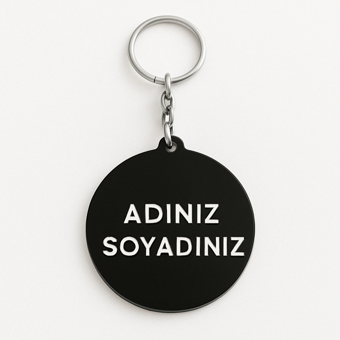 Kişiye özel yuvarlak siyah pleksi anahtarlık beyaz fon