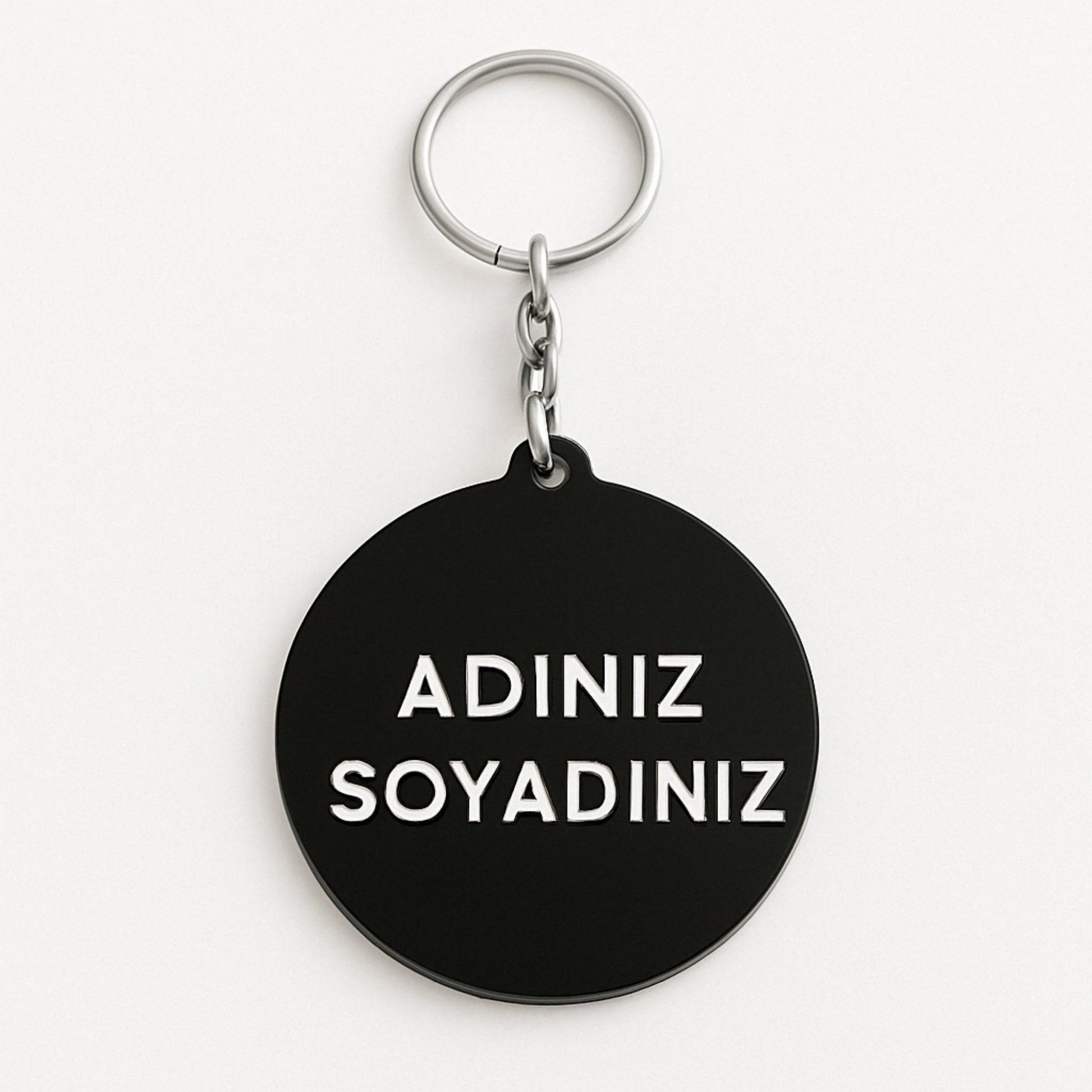 Kişiye özel yuvarlak siyah pleksi anahtarlık beyaz fon
