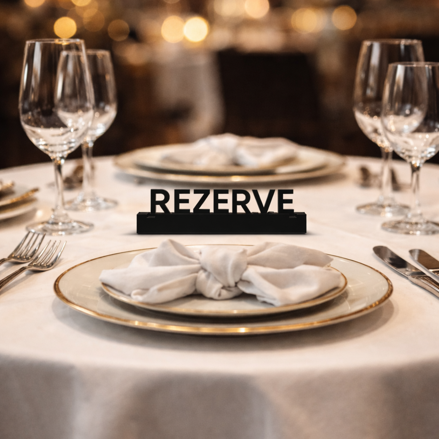 lüks restoran masasında siyah rezerve tabelası masa ayırtma