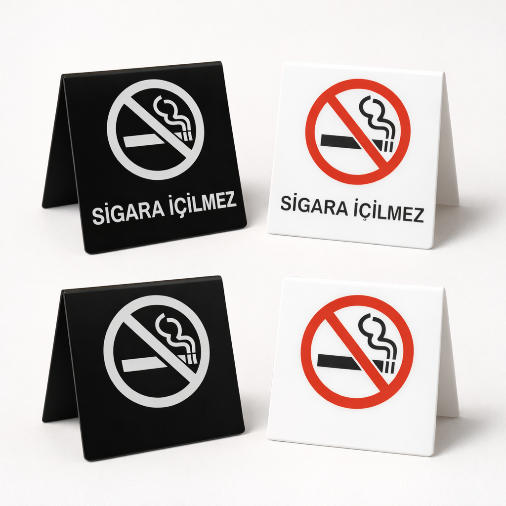 Masa üstü sigara içilmez pleksi tabela siyah beyaz yazılı ikonsuz 4 seçenek 80x80 mm