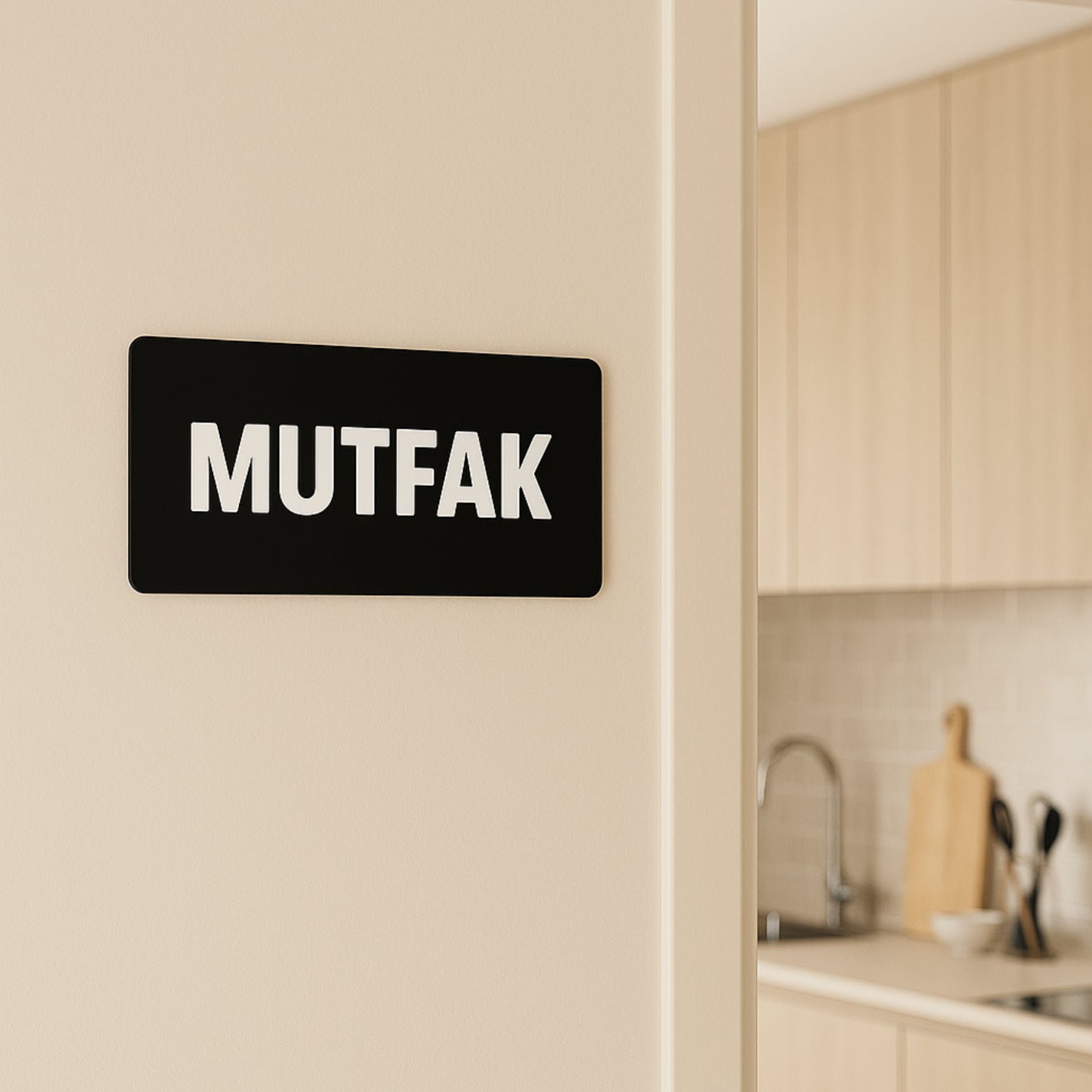 Mutfak yazılı siyah pleksi tabela, mutfak duvarına monte edilmiş kullanım örneği