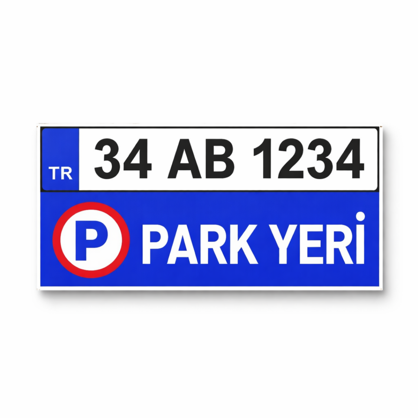 Kişiye özel plakalı park yeri tabelası ürün görseli, beyaz arka plan