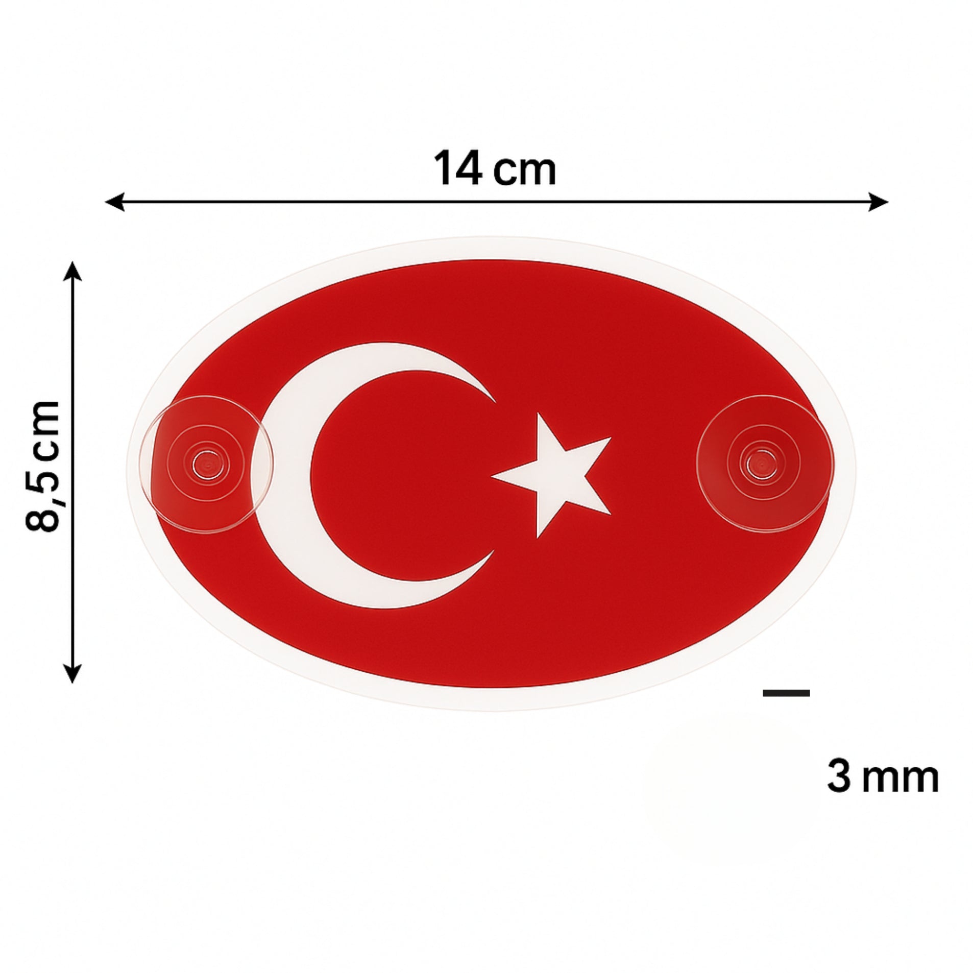 Pleksi Türk bayrağı sticker ölçüleri 8.5x14 cm ve 3 mm kalınlık teknik görünüm