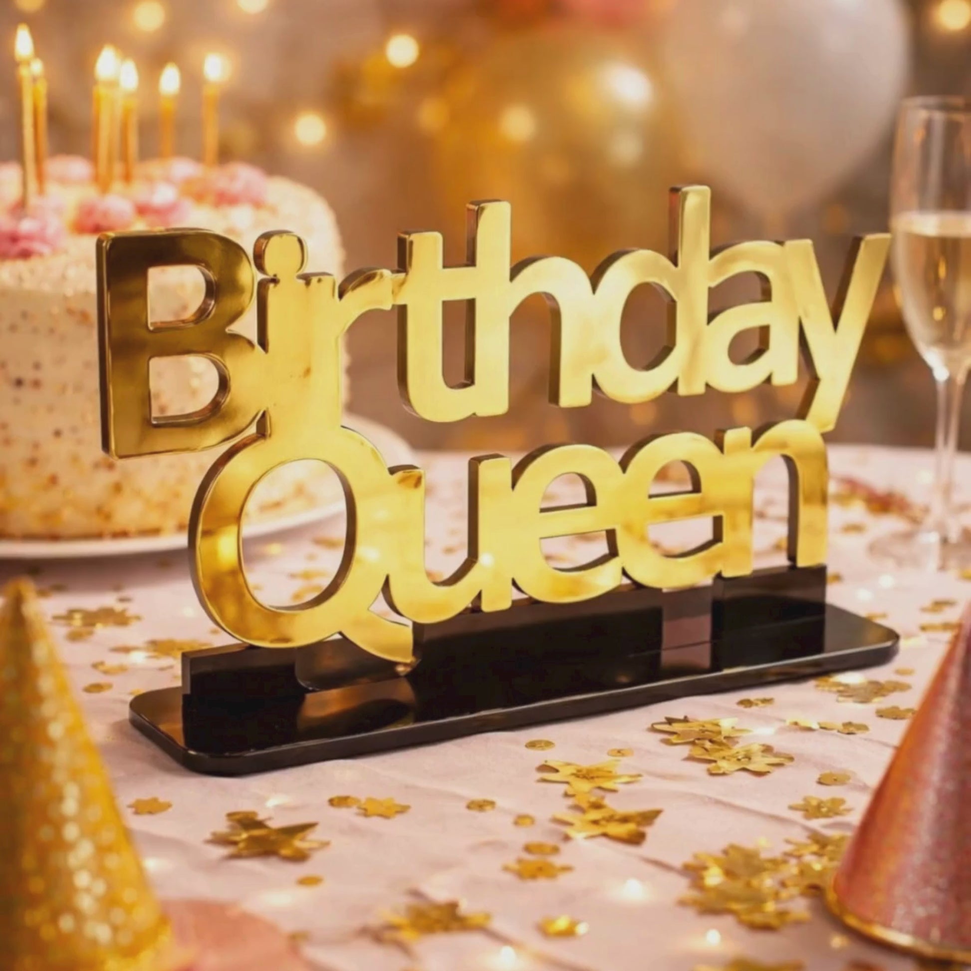 Birthday Queen gold ayna masa üstü yazı doğum günü parti masası video