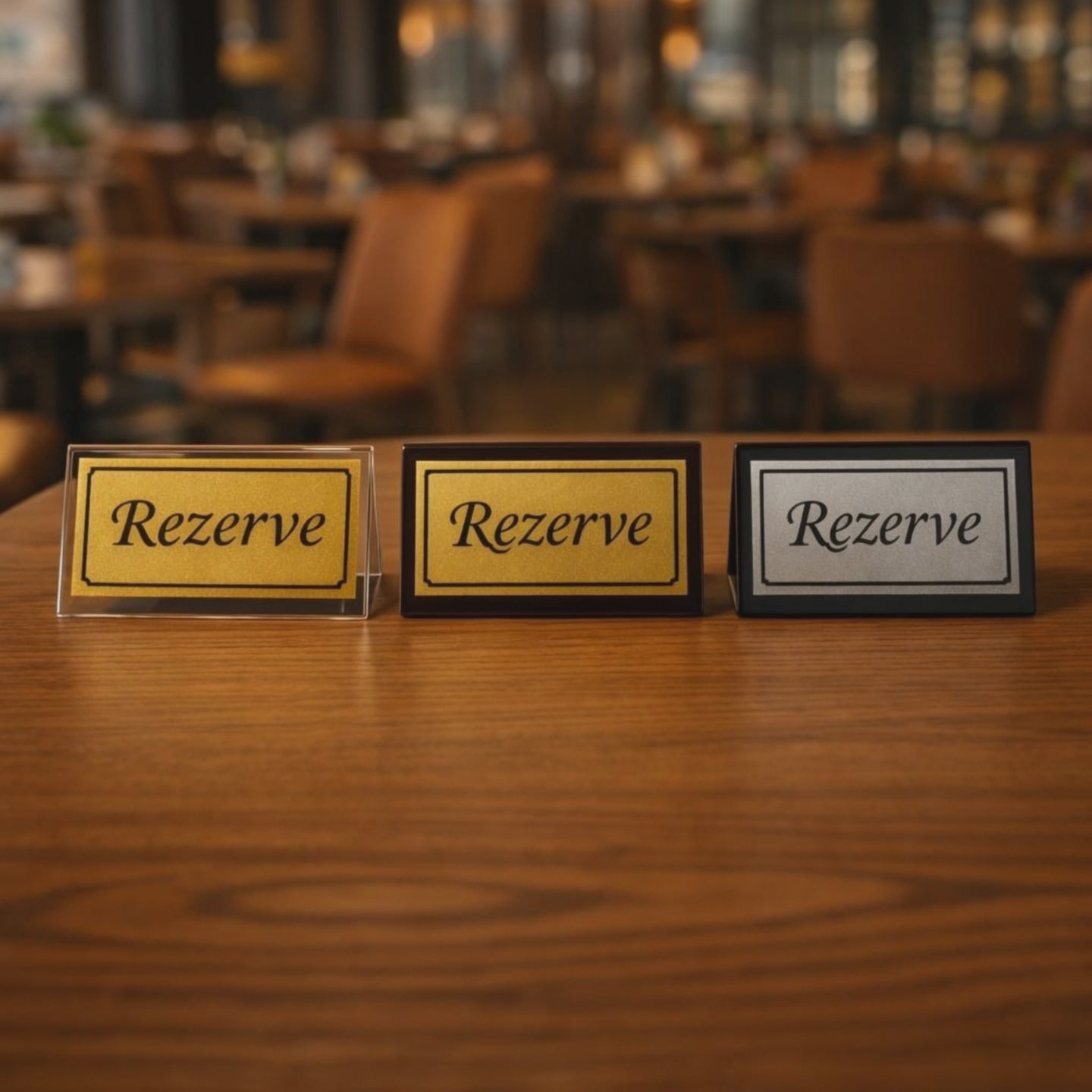 Rezerve masa üstü yazısı tanıtım videosu — şeffaf gold, siyah gold ve siyah silver varyasyonları restoran ortamında
