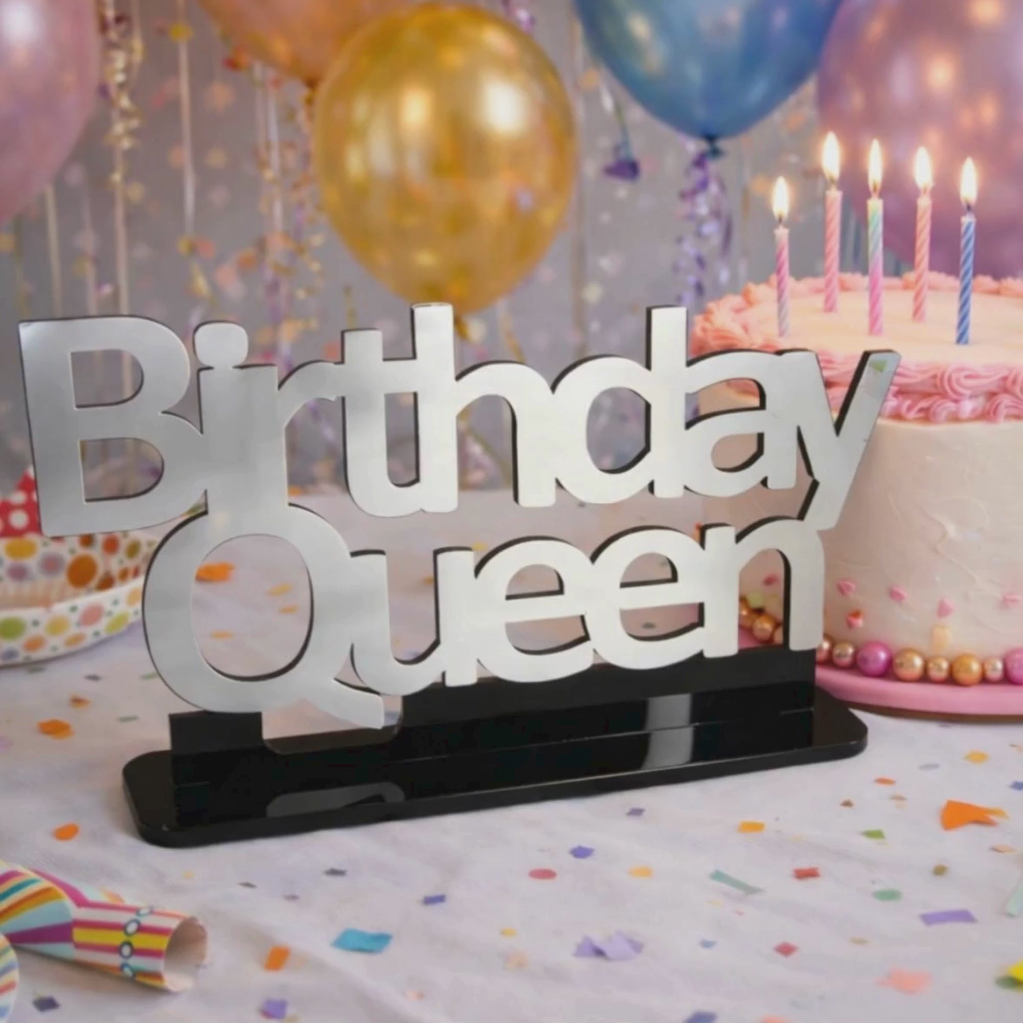 Birthday Queen silver ayna masa üstü yazı doğum günü parti masası video