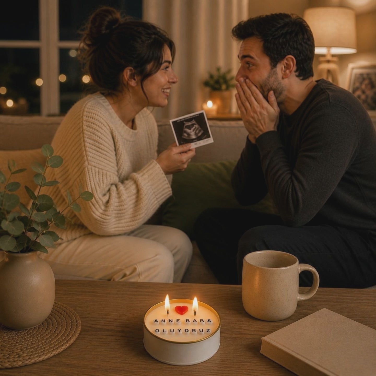 Anne Baba Oluyoruz yazılı gizli mesajlı mum — 
hamilelik sürprizi için özel hediye.