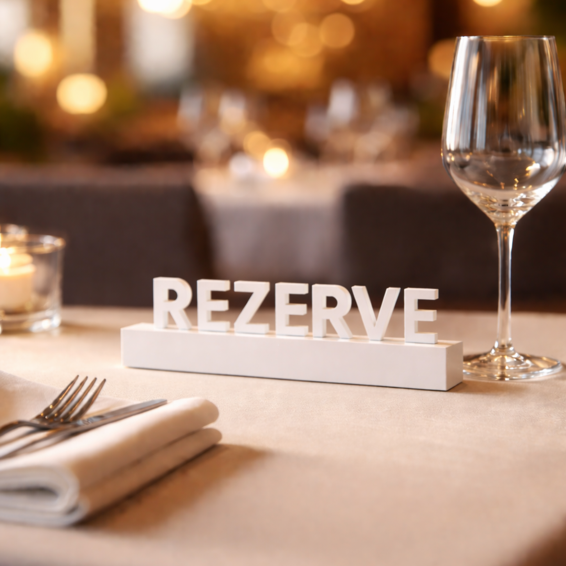 restoran masasında beyaz rezerve tabelası şık masa dekorasyonu