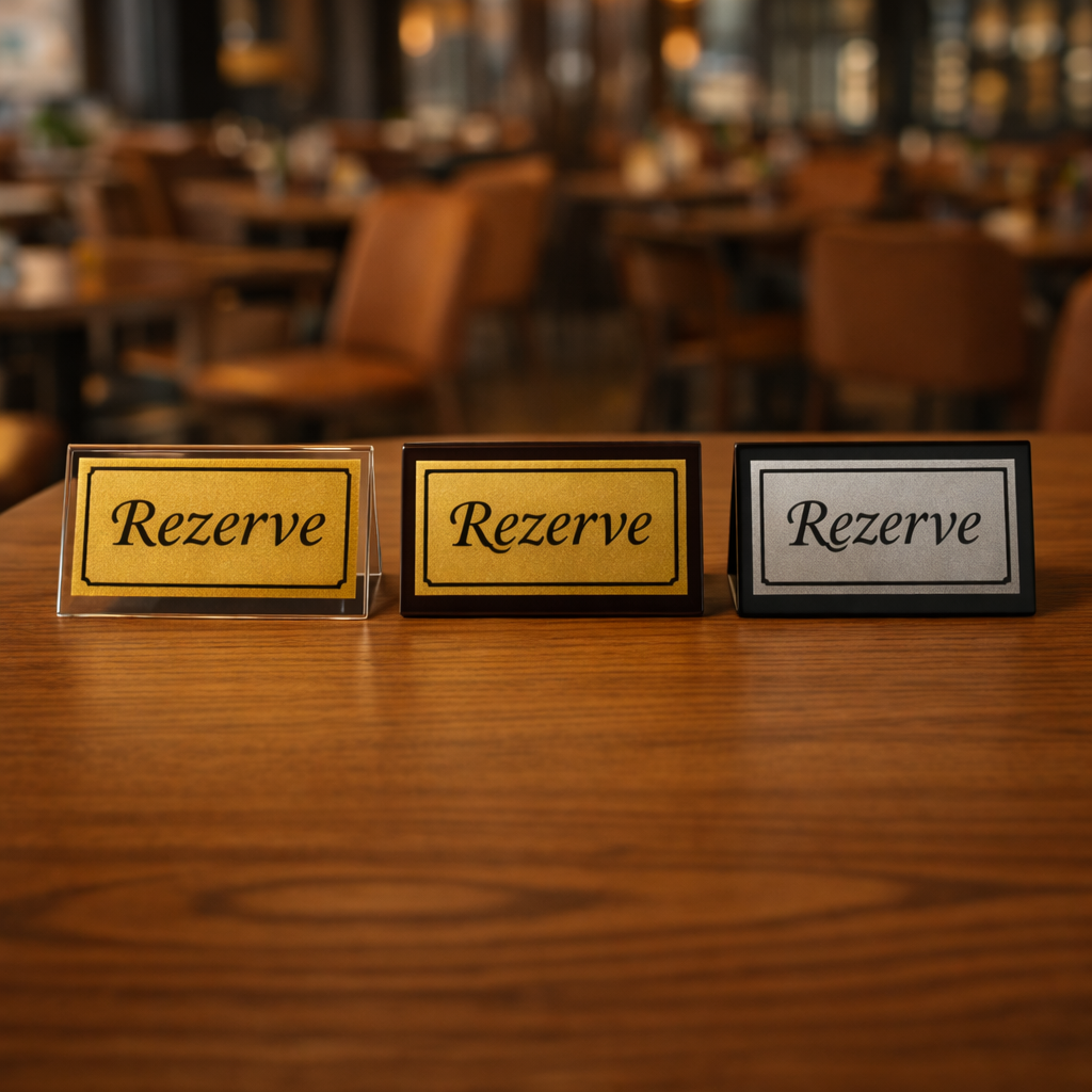 Rezerve masa üstü yazısı 3 varyasyon: şeffaf gold, siyah gold ve siyah silver, restoran masasında yan yana