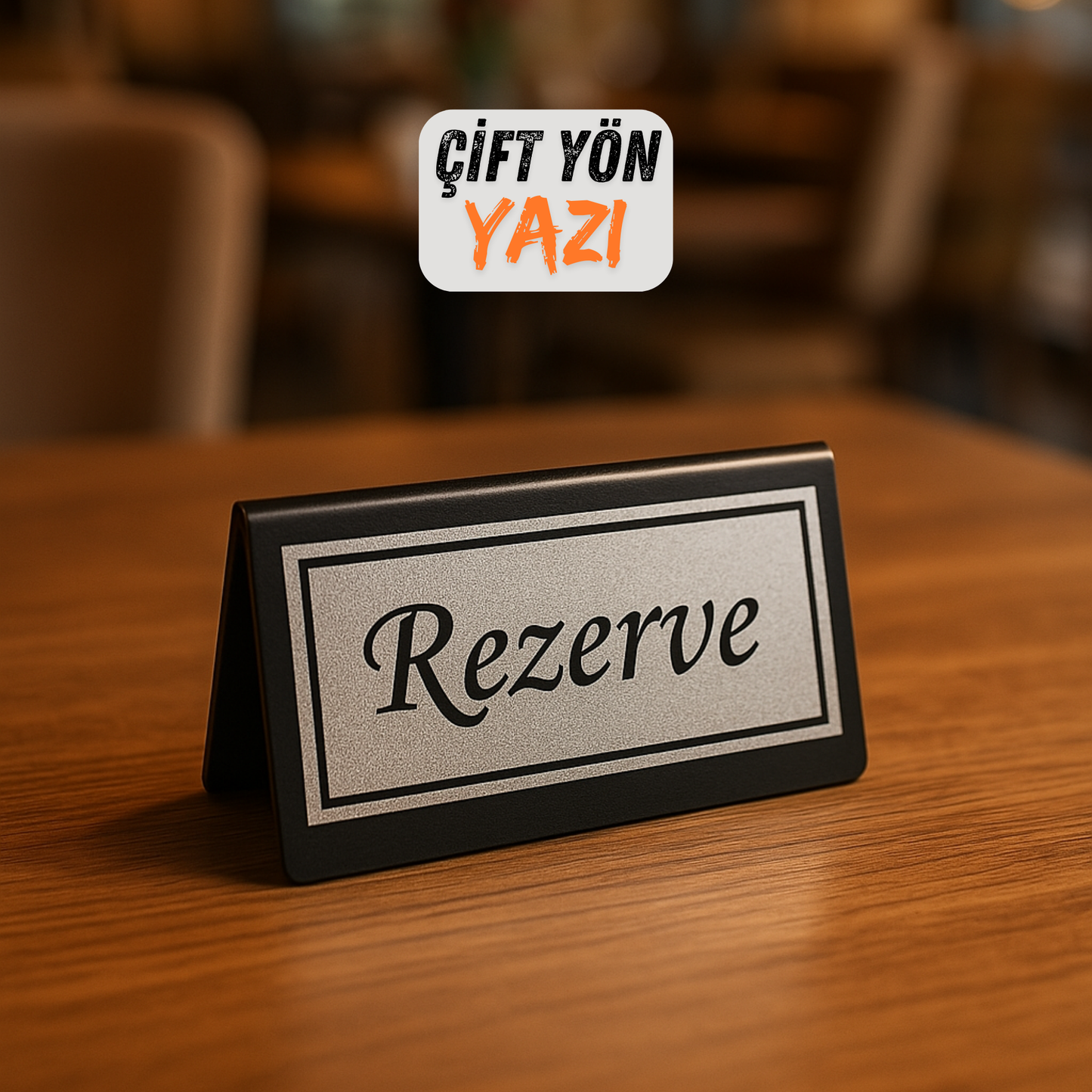 Çift yön rezerve masa üstü yazısı, siyah zemin silver baskı, restoran masasında yakın çekim