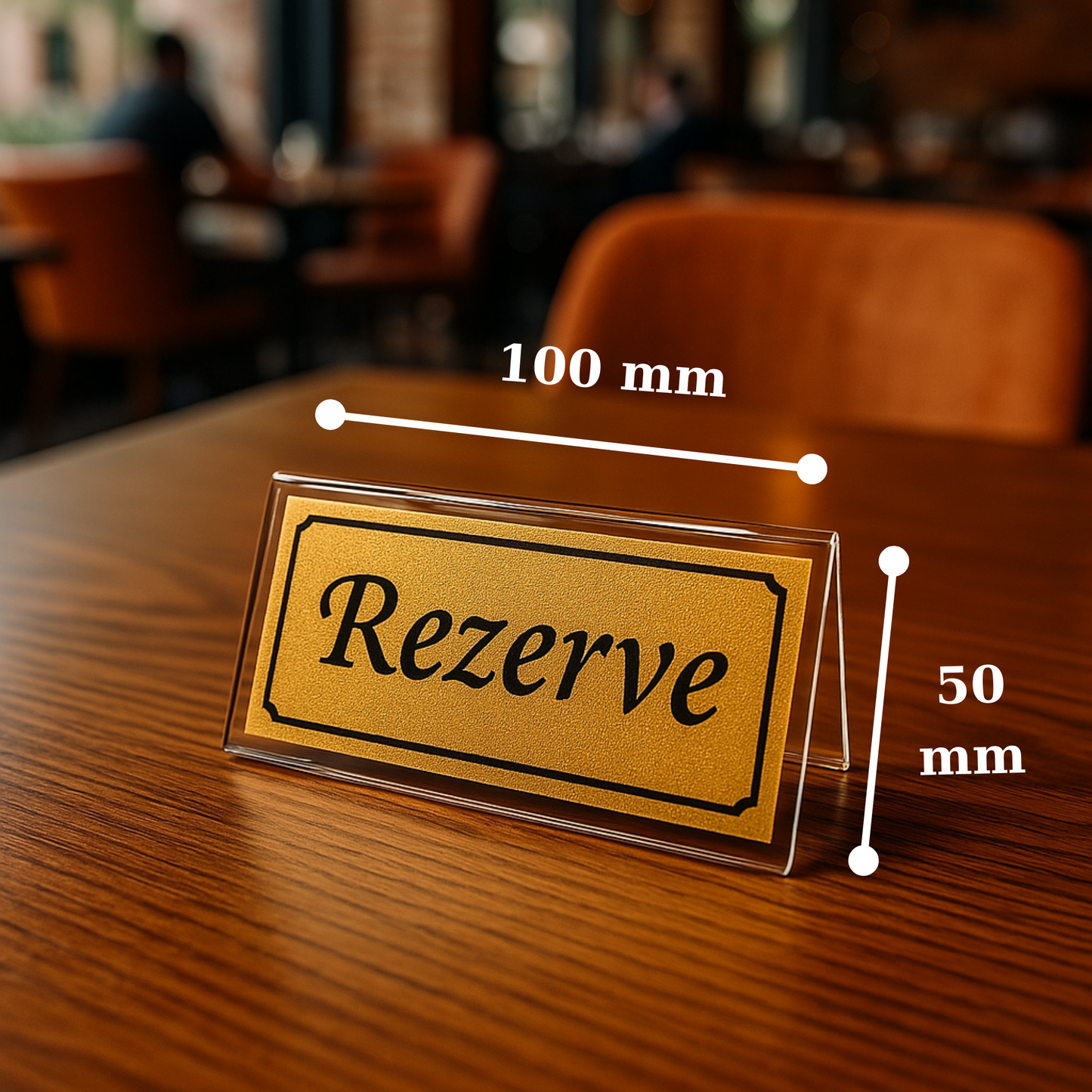 Rezerve masa üstü yazısı ölçüleri: 100mm x 50mm, şeffaf pleksi gold baskı