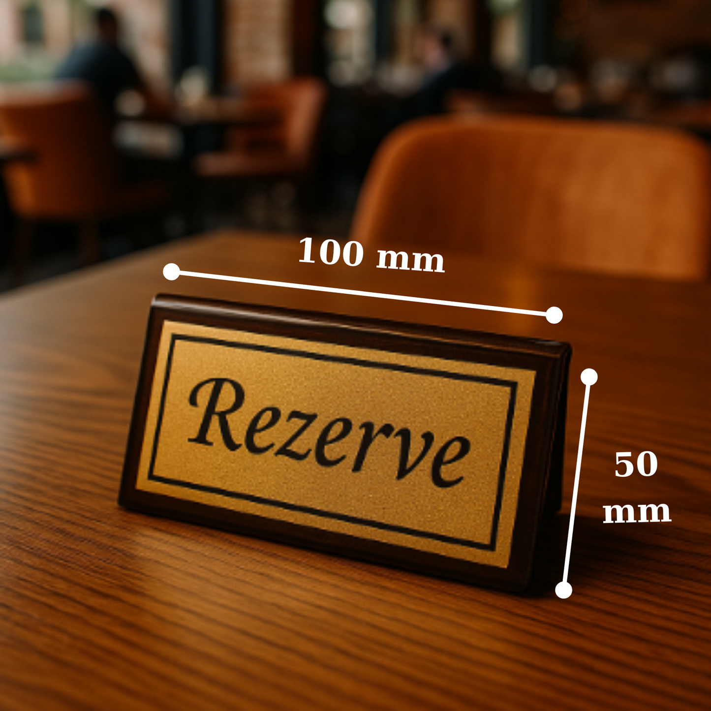 Rezerve masa üstü yazısı ölçüleri: 100mm x 50mm, siyah zemin gold baskı