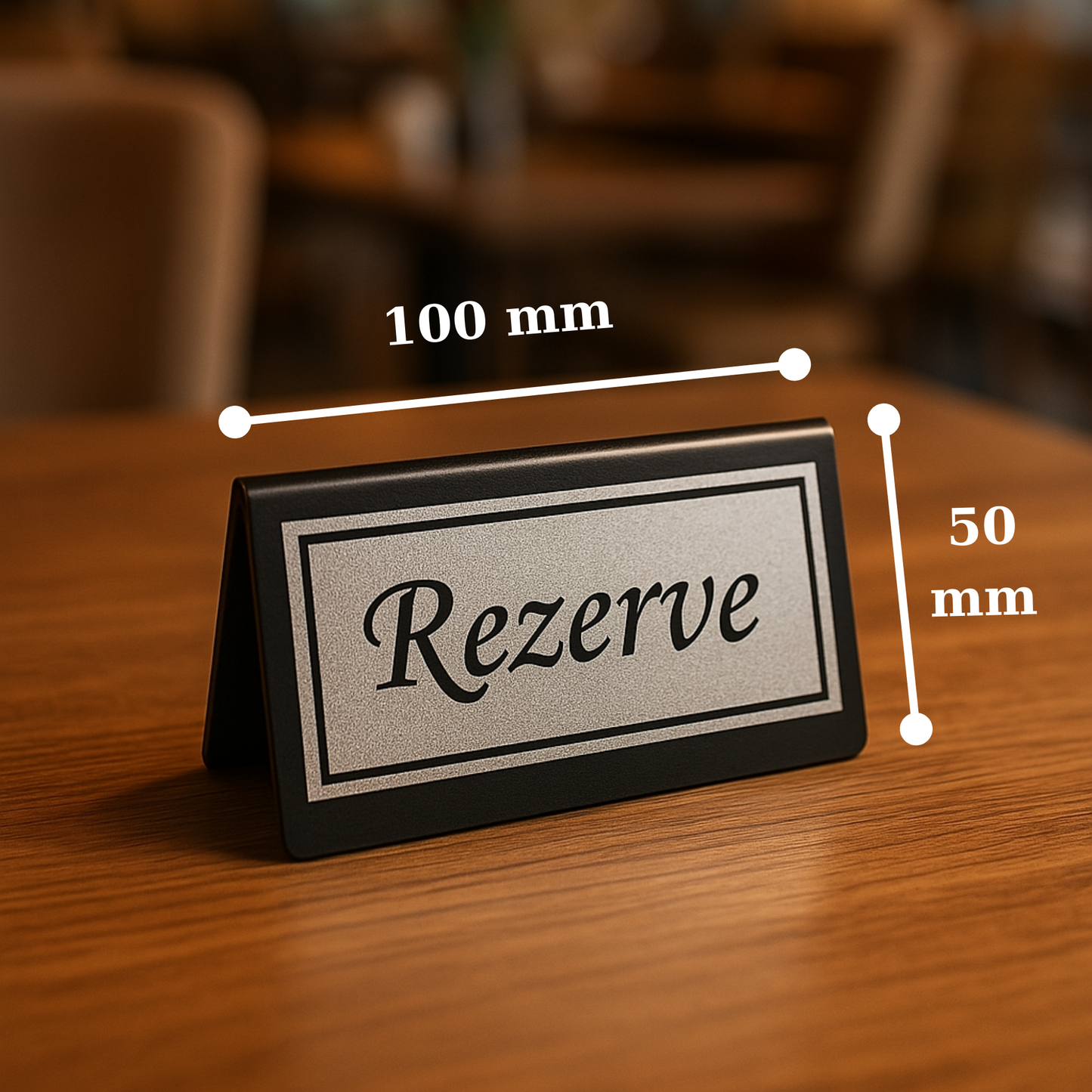 Rezerve masa üstü yazısı ölçüleri: 100mm x 50mm, siyah zemin silver baskı