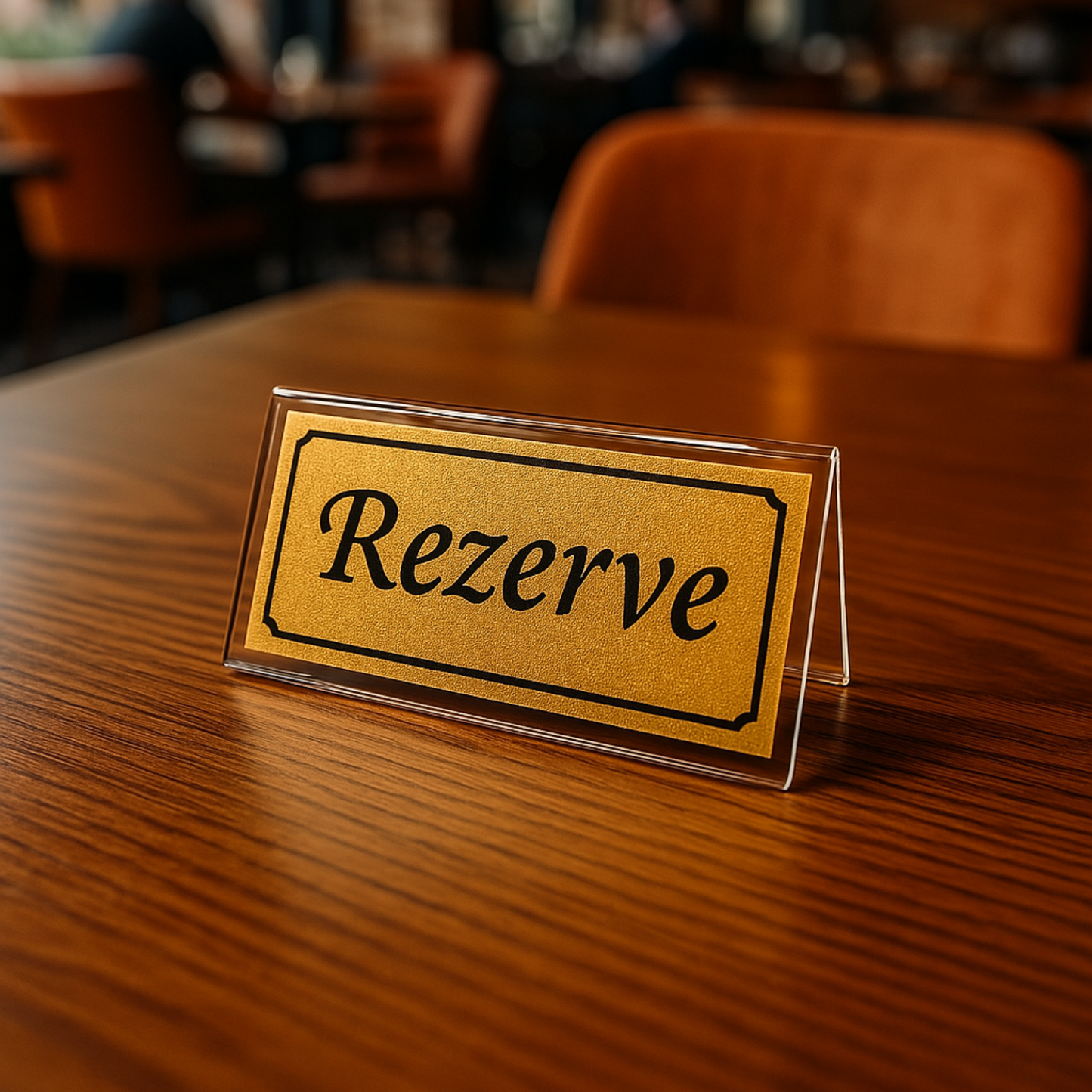 Şeffaf pleksi gold baskı rezerve masa üstü yazısı, ahşap restoran masasında yakın çekim