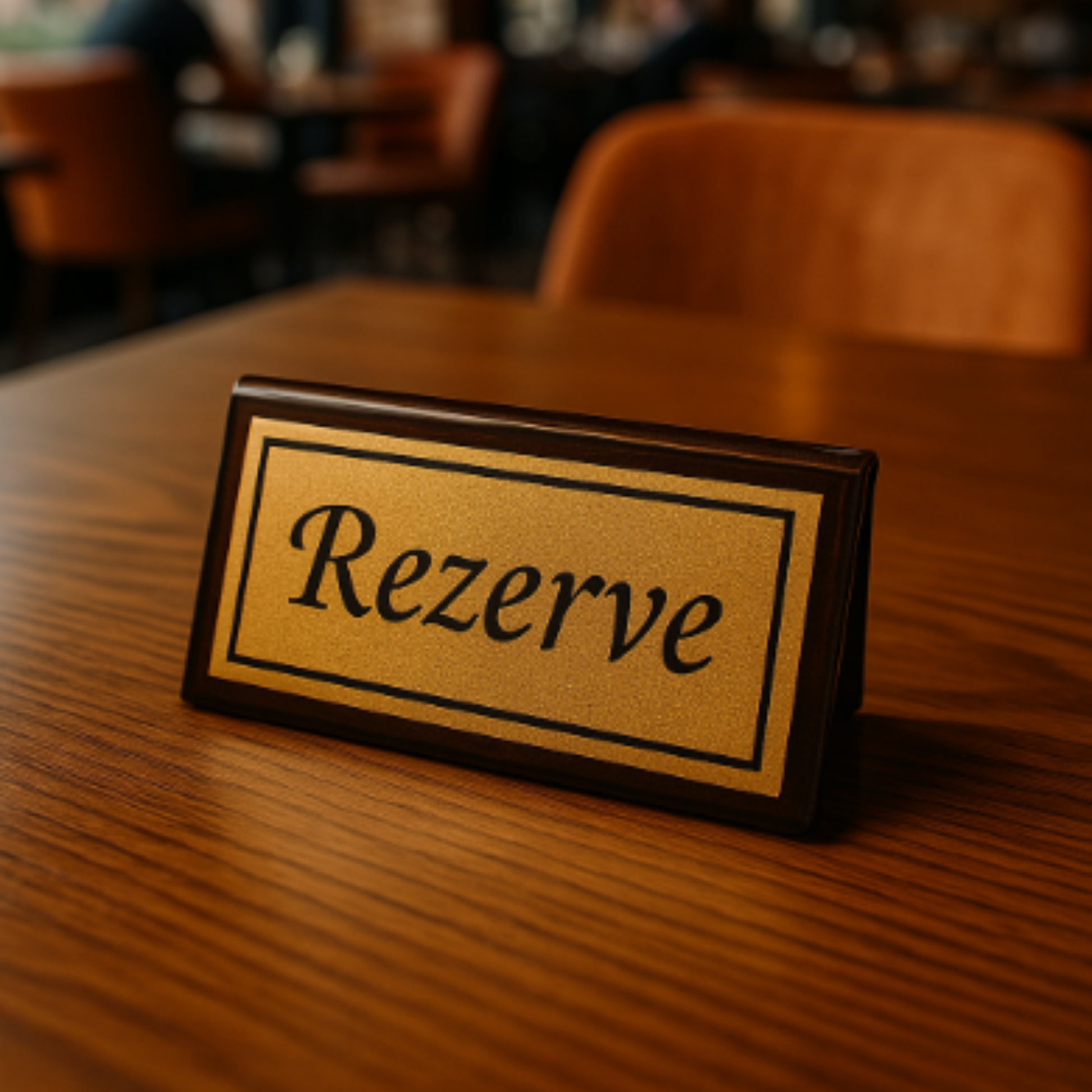 Siyah zemin gold baskı rezerve masa üstü yazısı, ahşap restoran masasında yakın çekim