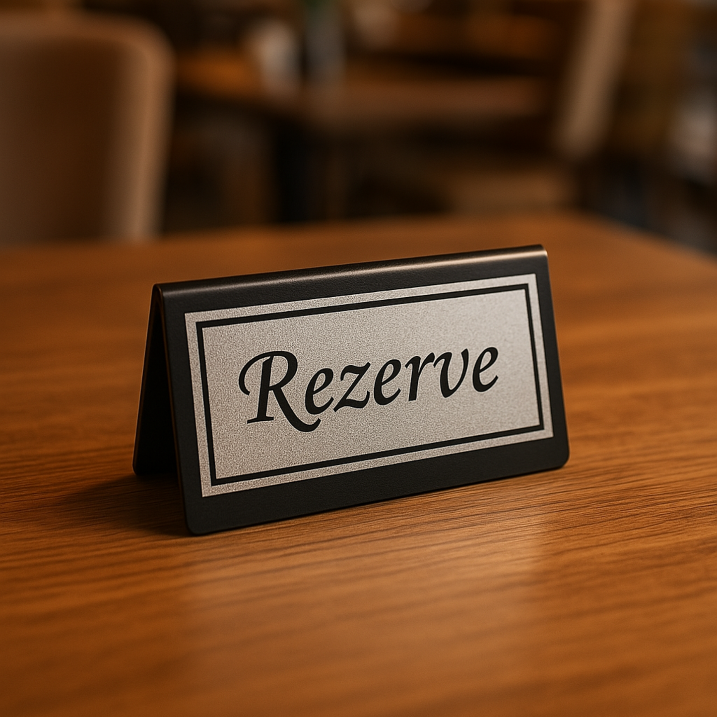 Siyah zemin silver baskı rezerve masa üstü yazısı, ahşap restoran masasında yakın çekim
