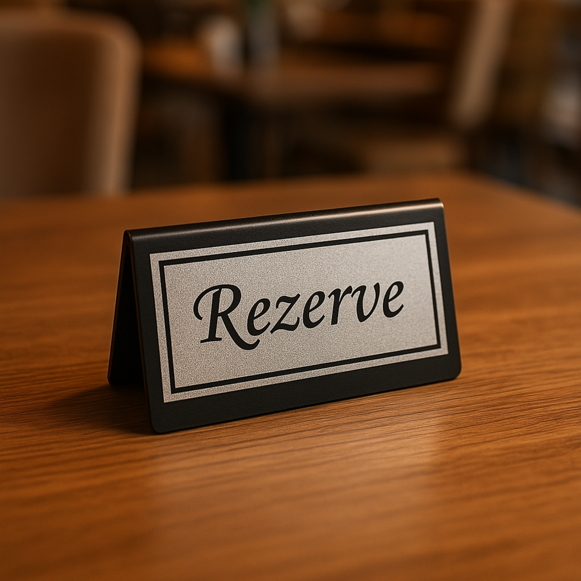 Siyah zemin silver baskı rezerve masa üstü yazısı, ahşap restoran masasında yakın çekim