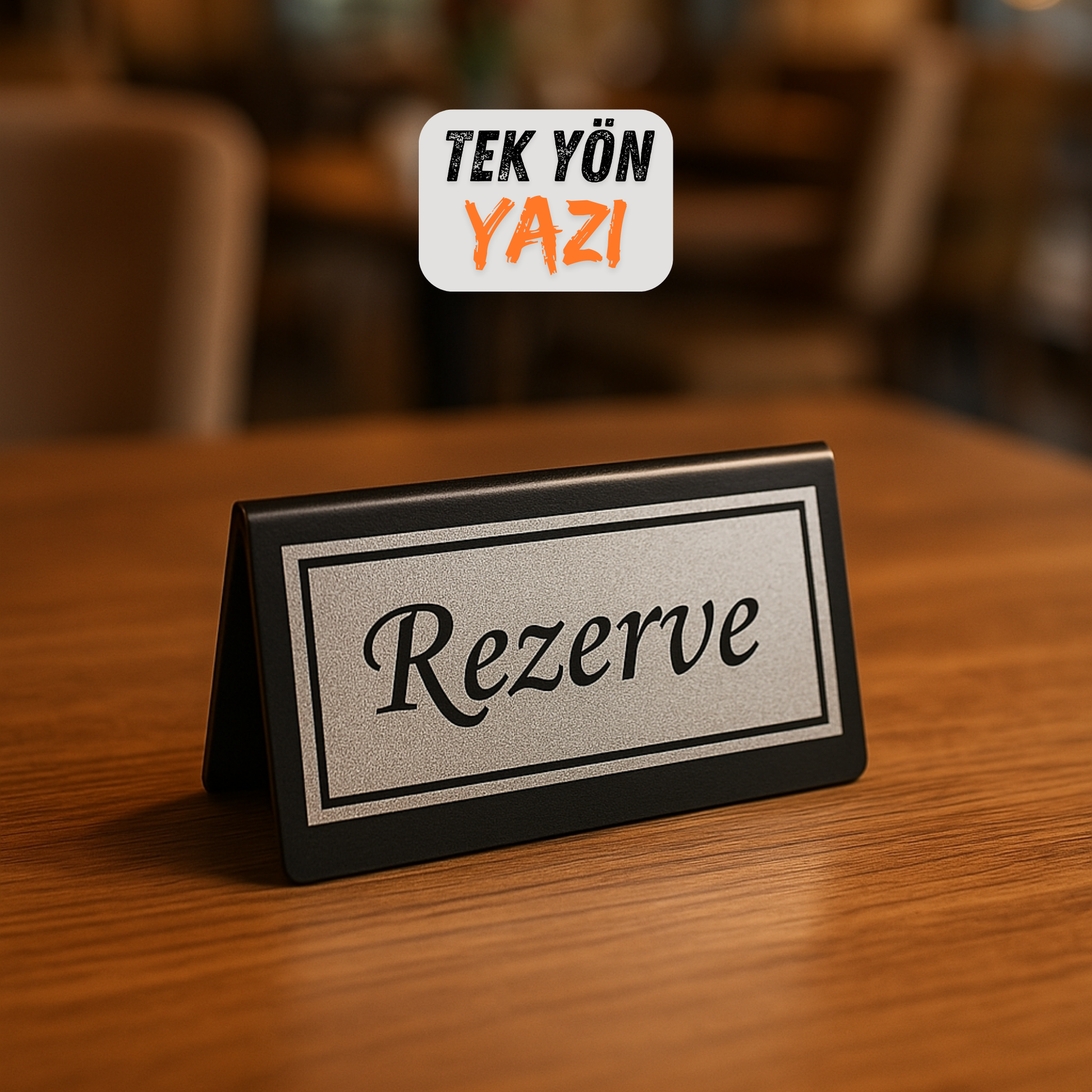 Tek yön rezerve masa üstü yazısı, siyah zemin silver baskı, restoran masasında yakın çekim