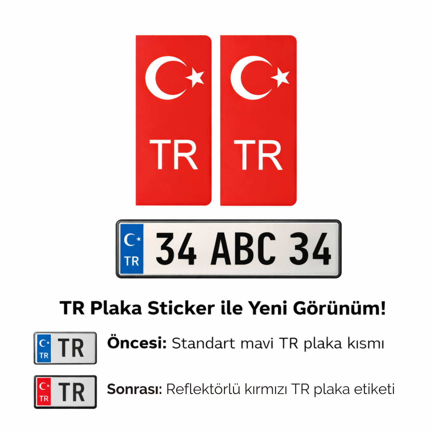Reflektörlü TR plaka sticker kullanımı öncesi ve sonrası görünüm karşılaştırması, mavi plaka alanından kırmızı reflektörlü TR etikete dönüşüm