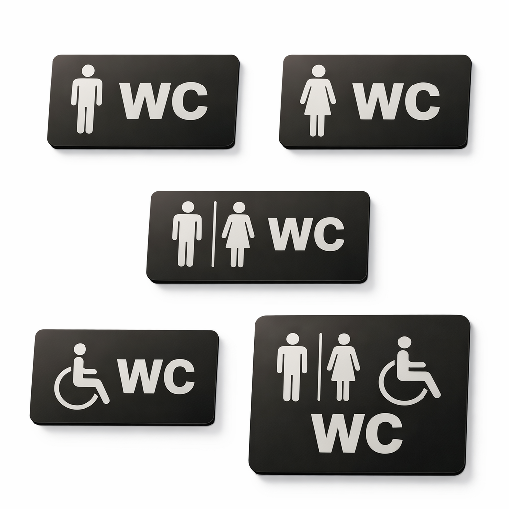 5 farklı WC yönlendirme tabelası seti – bay, bayan, engelli, kombine modeller, siyah metal, 22x8 ve 22x16 cm